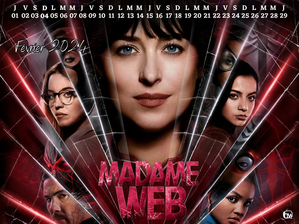 Calendrier de février 2024 avec l'affiche du film Madame Web