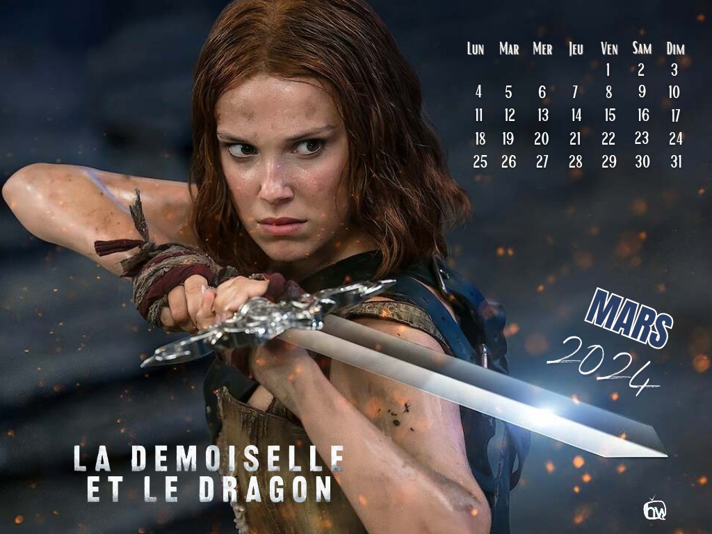 Calendrier de mars 2024 avec l'affiche du film La demoiselle et le dragon